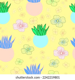 succulent pots with small cute flowers seamless vector pattern. It is suitable for fabric, textile, tiles, decorations, wrapping and much more.