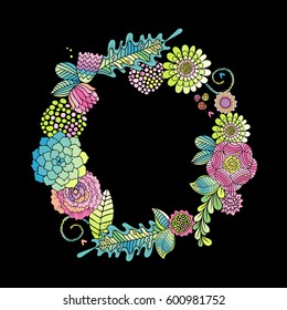 Succulent, rose and leaf circle wreath, black background. Flower card with copy space.