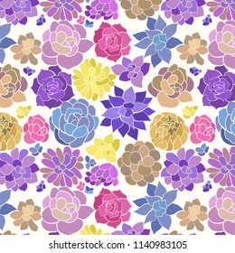 Succulent seamless pattern. Colorful hand drawn succulents in purple blue and yellow shades on a white background. Vector illustration