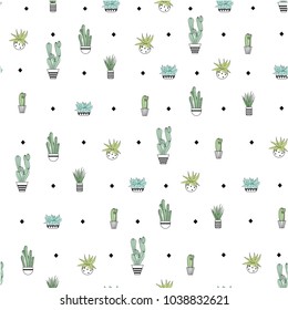 Succulent seamless pattern. Cute succulents in a pot