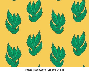 succulent seamless pattern with green leaves on a bold yellow background, perfect for wallpapers, gift wraps, textiles, or modern digital designs