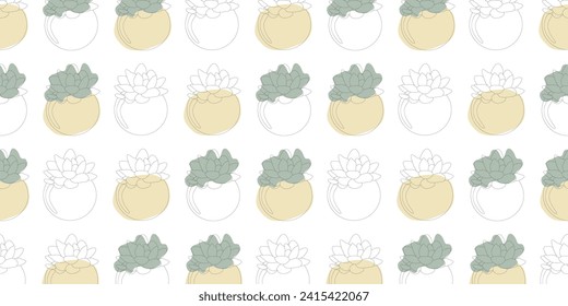 Succulent Seamless pattern Vector Line art illustration with Spots. Cute Plant in Flower pot. Mexican house Botany. Natural fun home decor element. Template for Textile, Fabric, Wrapping paper.