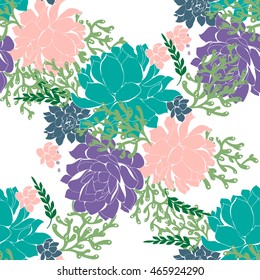 Succulent seamless pattern Watercolor succulents and flowers seamless pattern. Vintage wallpaper with pastel peony,roses, anemones, succulents, rose hip on white background. Floral texture in vector