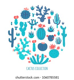 Succulent set illustration. Round composition. EPS 10 vector circle background