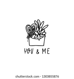 Succulent sketch print. Cute hand drawn  illustration with cacti and inspirational quote isolated on white. 