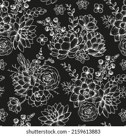 Succulent sketch seamless pattern. Hand drawn vector illustration. Floral sketch. Tattoo vintage print. Illustration for t-shirt print, fabric, greeting cards, wedding invites and other uses.