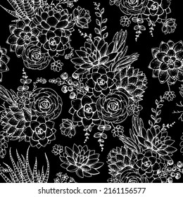 Succulent sketch seamless pattern. Hand drawn vector illustration. Floral sketch. Tattoo vintage print. Illustration for t-shirt print, fabric, greeting cards, wedding invites and other uses.