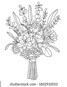 Succulent and Sola Flower,eucalyptus , Wedding Bouquet.Anti stress coloring book page for adults or children.Outline vector drawing of flowers.Page of floral pattern in black and white.