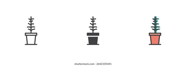 Succulent with spiky leaves in a small pot shown in line, solid and filled outline icon styles. Vector indoor plant symbol. Decorative icon set.