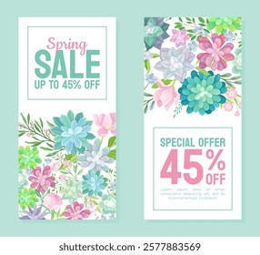 Succulent Spring Sale Card Design with Fleshy Green Plant and Flora Vector Template