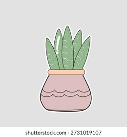Adesivo suculento com uma planta de cobra verde em um pote rosa decorativo. Ideal para blogs de amantes de plantas domésticas, gráficos de decoração de casas e planejadores com temas botânicos