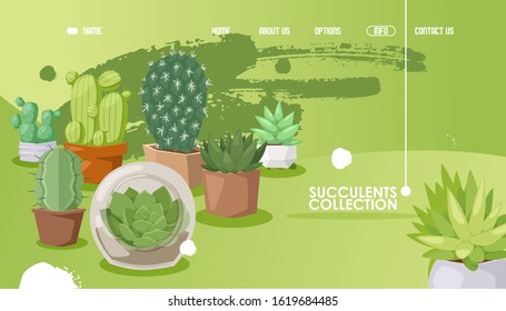 Succulent store website design, vector illustration. Landing page template for houseplant shop, collection of decorative cacti in flowerpot. Exotic plant for home and office, tropical cactus succulent