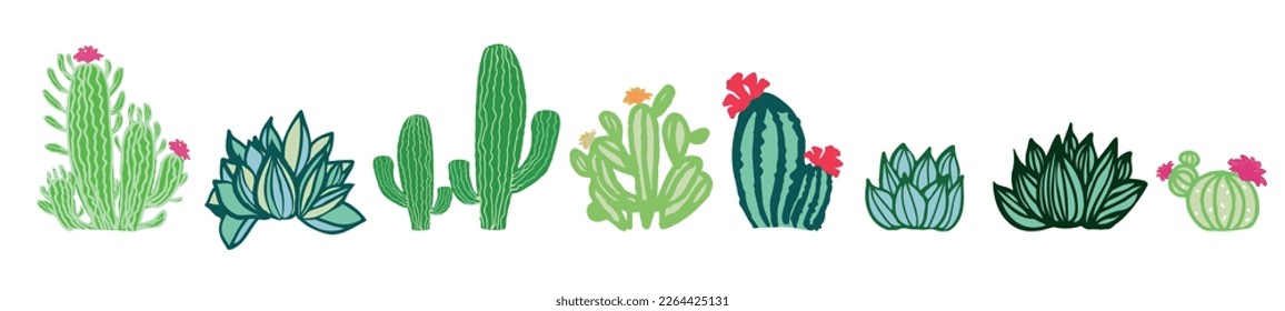 Succulent trendy greenery set for home, green cactus hand drawn elements for design