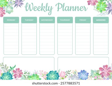 Succulent Weekly Planner Design with Fleshy Green Plant and Flora Vector Template