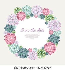 Succulent wreath background. Save the date card.