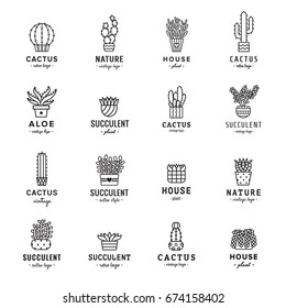 Succulents and cacti black logo vector set. Hipster and retro style. 