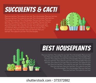 Succulents and cacti flat style multicolored horizontal vector backgrounds with place for your text. Modern minimalistic design.