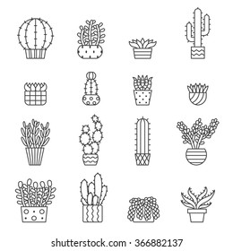 Succulents and cacti outline vector icons set. Modern minimalistic design.