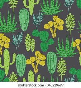 Succulents cacti plant vector seamless pattern. Botanical black and green desert flora fabric print. Home garden cartoon cactuses for wallpaper, curtain, tablecloth.