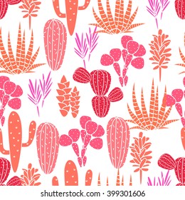 Succulents cacti plant vector seamless pattern. Botanical pink and rose desert flora fabric print. Home garden cartoon cactuses for wallpaper, curtain, tablecloth.