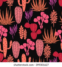 Succulents cacti plant vector seamless pattern. Botanical black and pink rose desert flora fabric print. Home garden cartoon cactuses for wallpaper, curtain, tablecloth.