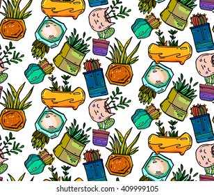 Succulents cacti plant vector seamless pattern. Botanical hot bright line  floral fabric print. Home garden cartoon cactus for wallpaper, curtain, tablecloth, coloring page.