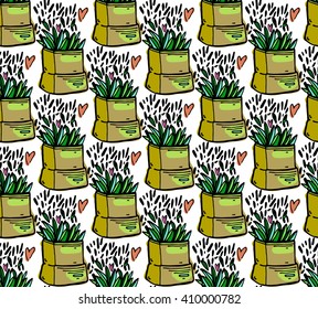 Succulents cacti plant vector seamless pattern. Botanical hot bright line  floral fabric print. Home garden cartoon cactuses for wallpaper, curtain, tablecloth, coloring page.