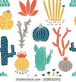 Succulents and cacti plants. Colorful vector seamless pattern with  hand drawn doodle cartoon cactus. Fabric, textile design.