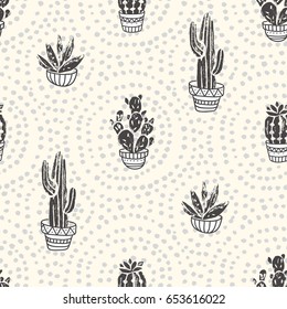 Succulents and cacti plants on the dot background. Vector seamless pattern with  home garden cartoon cactus. Fabric design.