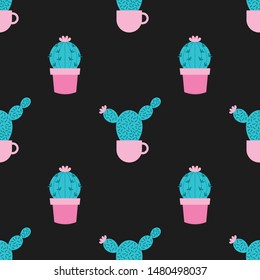 Succulents and cacti plants seamless pattern on a black background. Vector Illustration