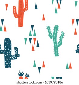 Succulents and cacti plants and triangles. Vector geometric seamless pattern with  hand drawn doodle cartoon cactus and abstract shapes. Fabric, textile design