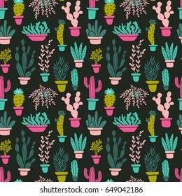 Succulents and cacti plants. Vector seamless pattern with  home garden cartoon cactus. Fabric design.