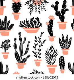 Succulents and cacti plants. Vector seamless pattern with  home garden cartoon cactus. Fabric design.