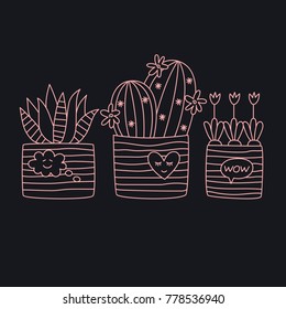 Succulents cactus doodle plants flower pots vector set