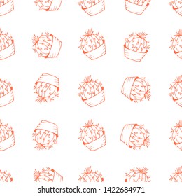 Succulents cactus outline seamless pattern,coral color, vector