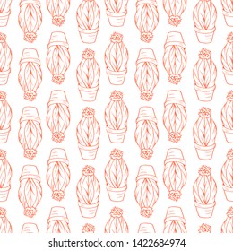 Succulents cactus outline seamless pattern,coral color, vector