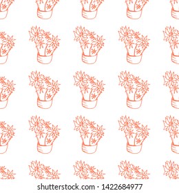 Succulents cactus outline seamless pattern,coral color, vector