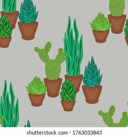 succulents and cactus in pots hand drawn seamless pattern