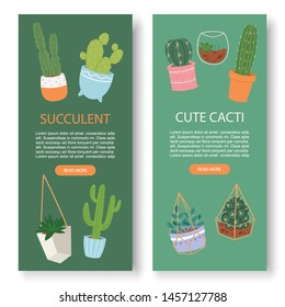 Succulents and cactus vertical botanical vector banners. Greenery lush, cacti, succulents, leaves, herbs in pottery and aquarium. Natural spring card on green background.