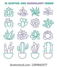 Succulents and cactuses icons set. Simple colored illustration of cute and decorative house plants in flower pots. Flat vector illustration
