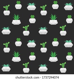 Succulents and cactuses seamless pattern. Vector background with flowers in pots. For fabric print, wallpaper design