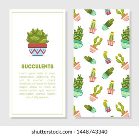 Succulents Card Template with Place for Text, Cactuses in Flower Pots Seamless Pattern, Design Element for Banner, Invitation, Voucher, Flyer, Coupon Vector Illustration