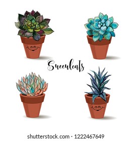 Succulents in clay pots. Set. Graphics with watercolor. Vector.