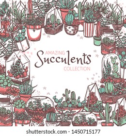 Succulents collection boutique hand drawn social media banner template. Cactus garden vector poster design. Indoor houseplants illustration with text space. Cacti in pots and florariums sketch