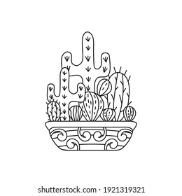 Página del libro de coloración para adultos y niños . Suculentos dibujados a mano y cactus en olla. Vector botánico de Doodles Lineales