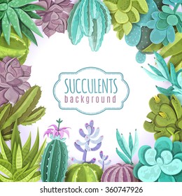 Succulents decorative background with different types of cactuses flat vector illustration 