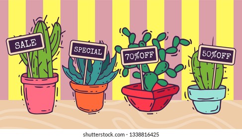 Succulents decorative banners cacti green plants vector illustration. Nature botanical houseplant floral banner. Cactus design botany bouquet. Decorative flora garden sale card.