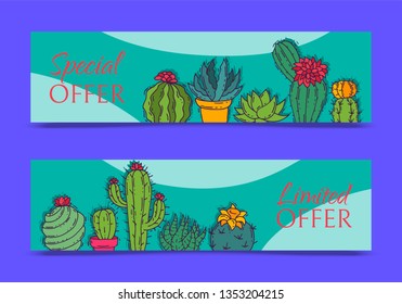 Succulents decorative banners cacti green plants vector illustration. Nature botanical houseplant floral banner. Cactus design botany bouquet. Decorative flora garden sale card.