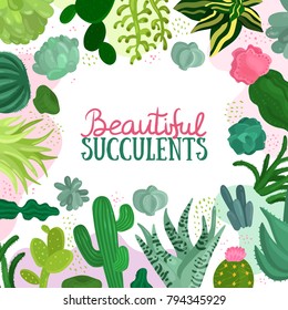  Succulents decorative frame with different types of cactuses flat vector illustration 