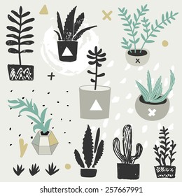 Succulents in DIY concrete pots in scandinavian style. Home decoration.Vector illustration